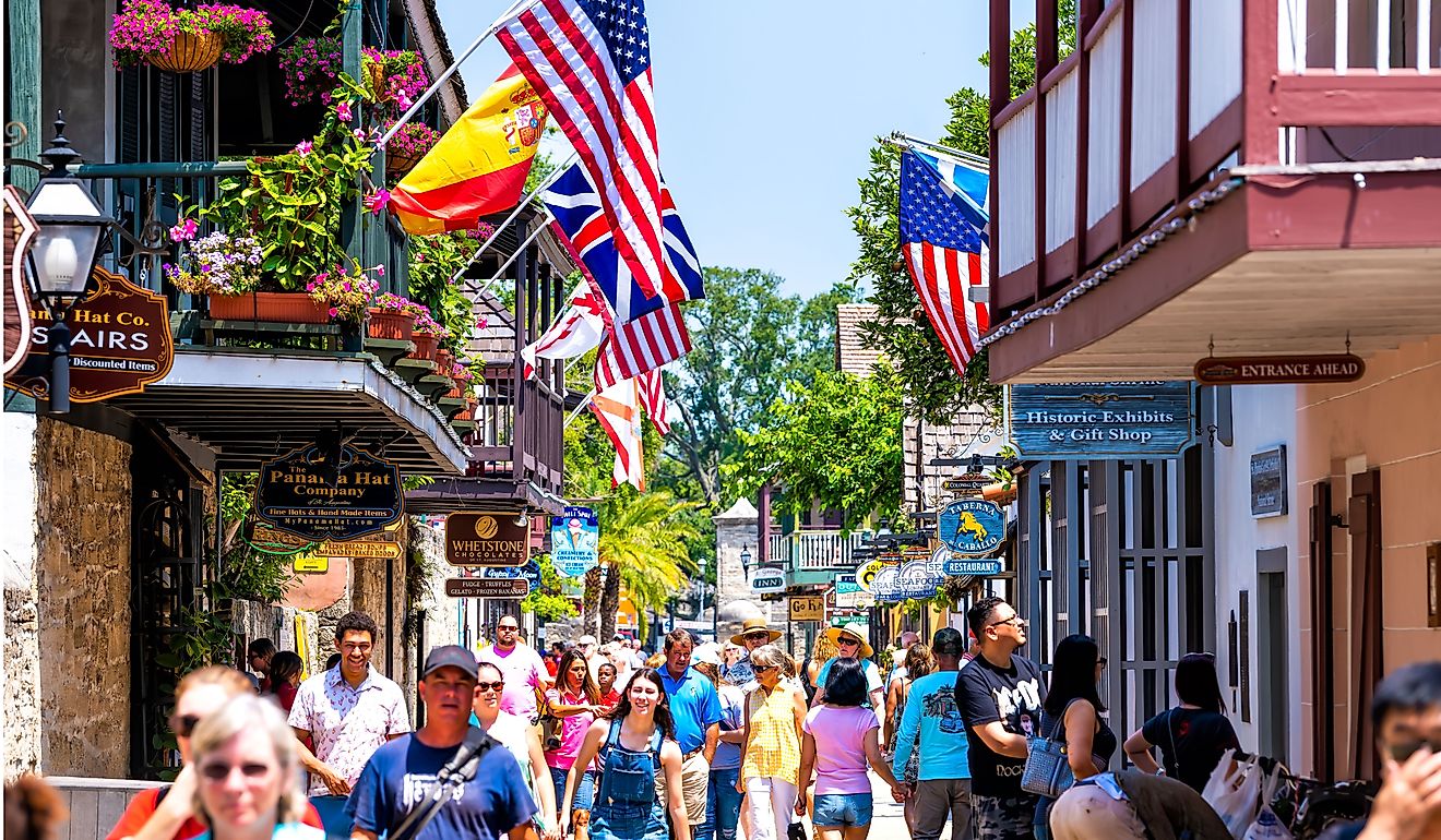 People shopping at Florida city St George Street by stores shops and restaurants in Old Town City. Editorial credit: Andriy Blokhin / Shutterstock.com