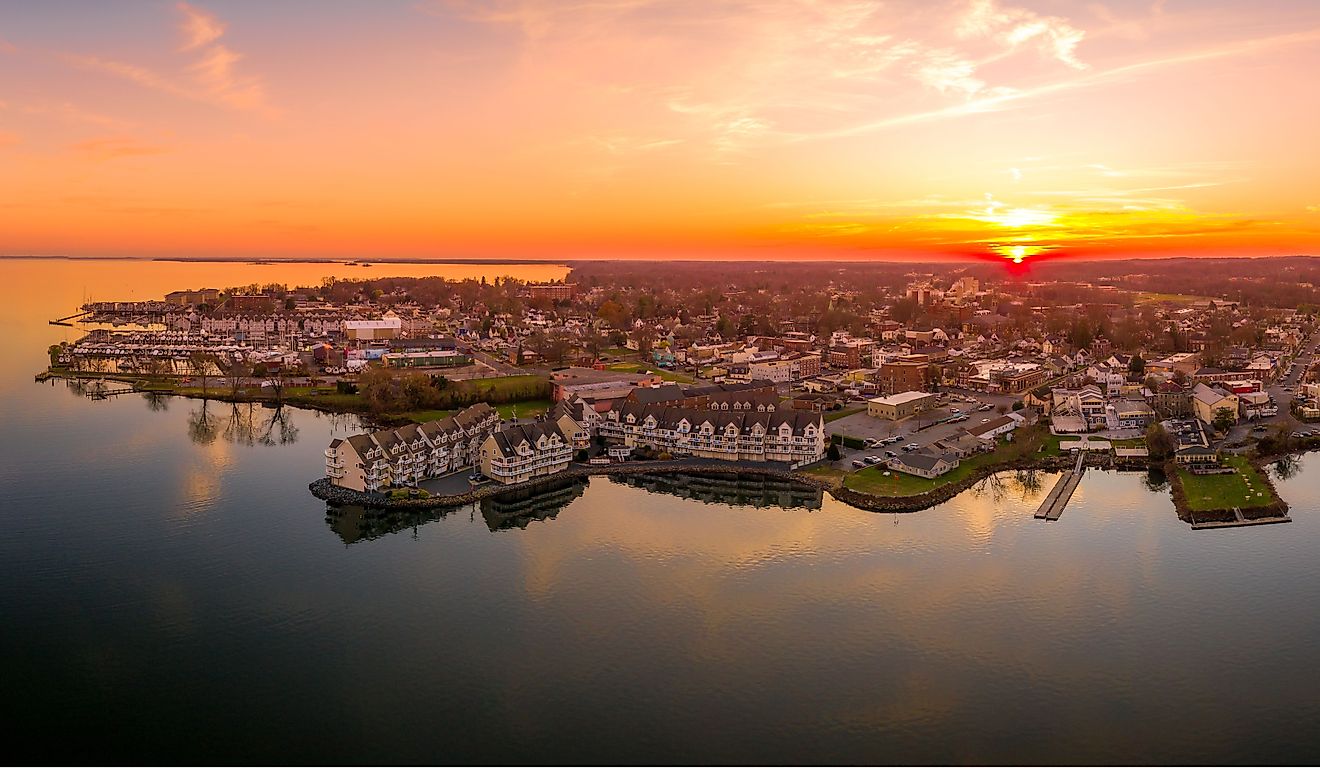 Aerial sunset panorama of Havre De Grace Harford County, Maryland, United States.