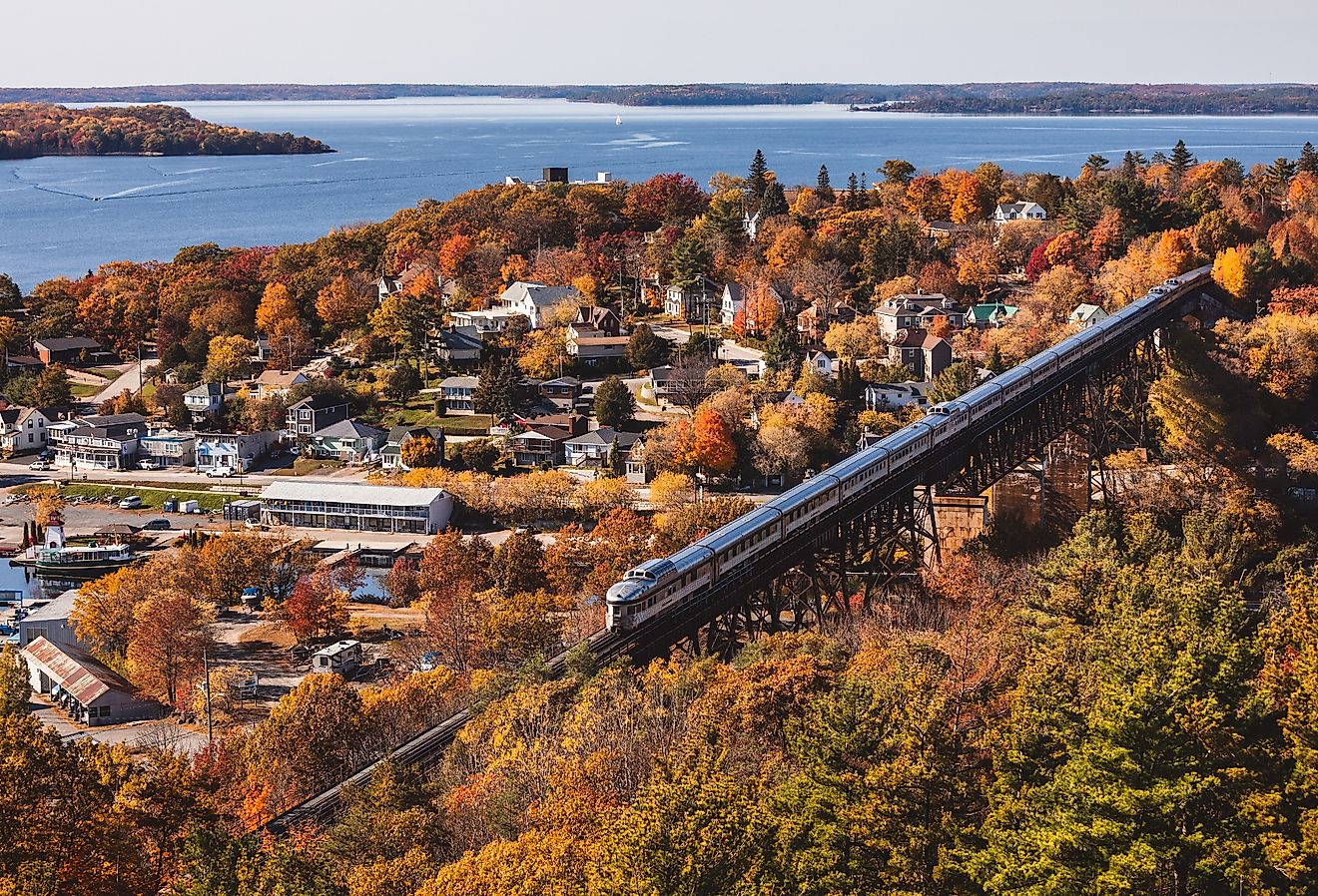 VIA Rail's Vancouver-bound Canadian soars above Parry Sound, Ontario on a gorgeous autumn afternoon.