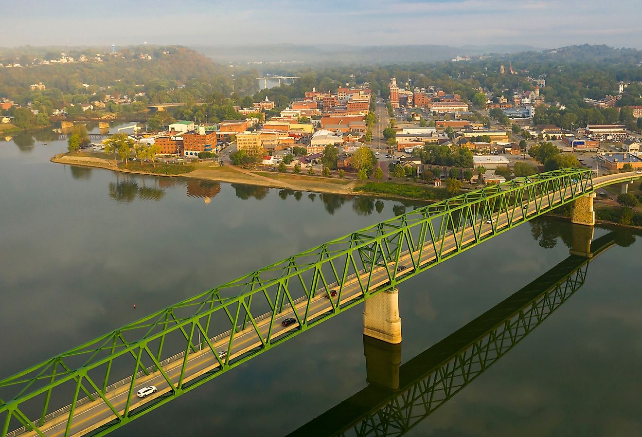 A scenic byway feeds tourists into the downtown area of Marietta, Ohio.