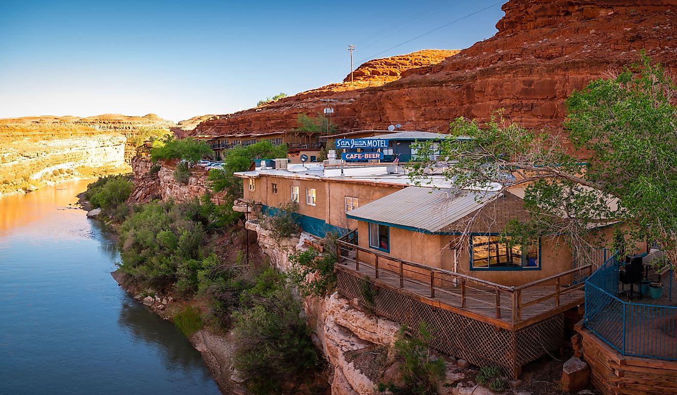 San Juan Motel in Mexican Hat, Utah. Bright sunrise warm colors. Editorial credit: Manuela Durson / Shutterstock.com