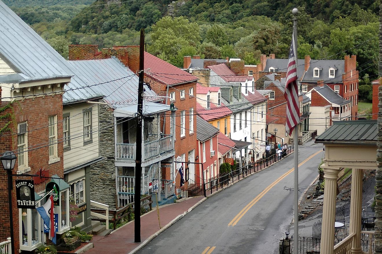 The view from up high of Harper's Ferry, West Virginia's main drag.