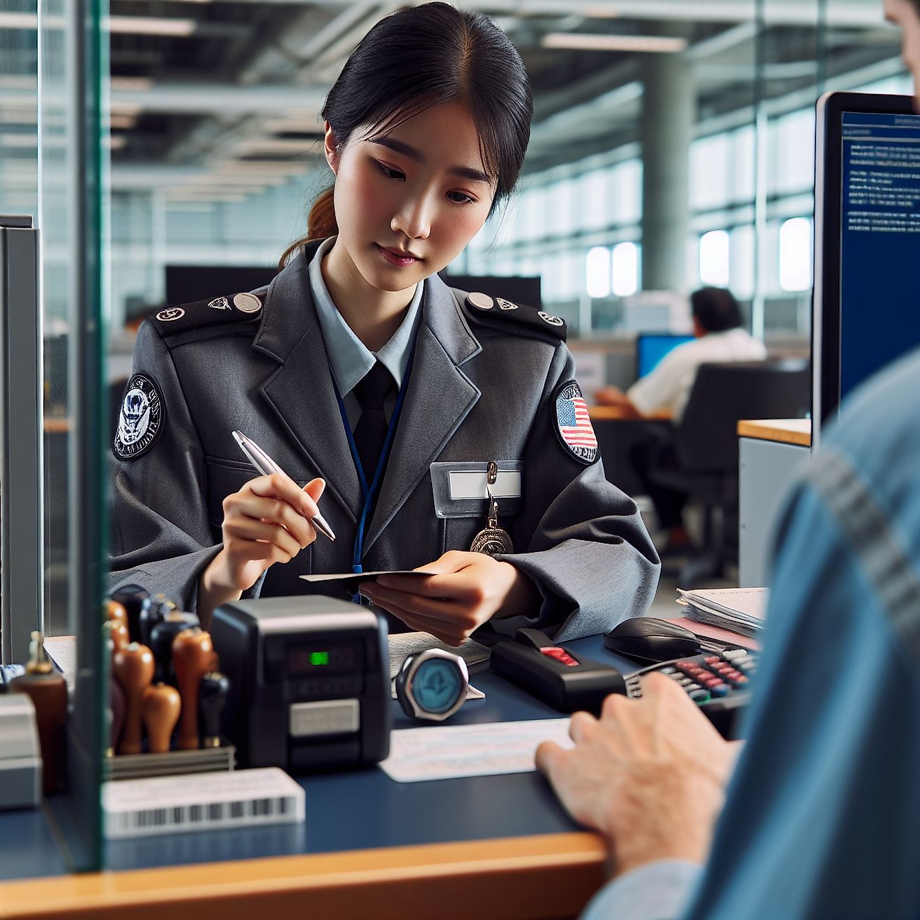 Customs agent reviewing a passport 