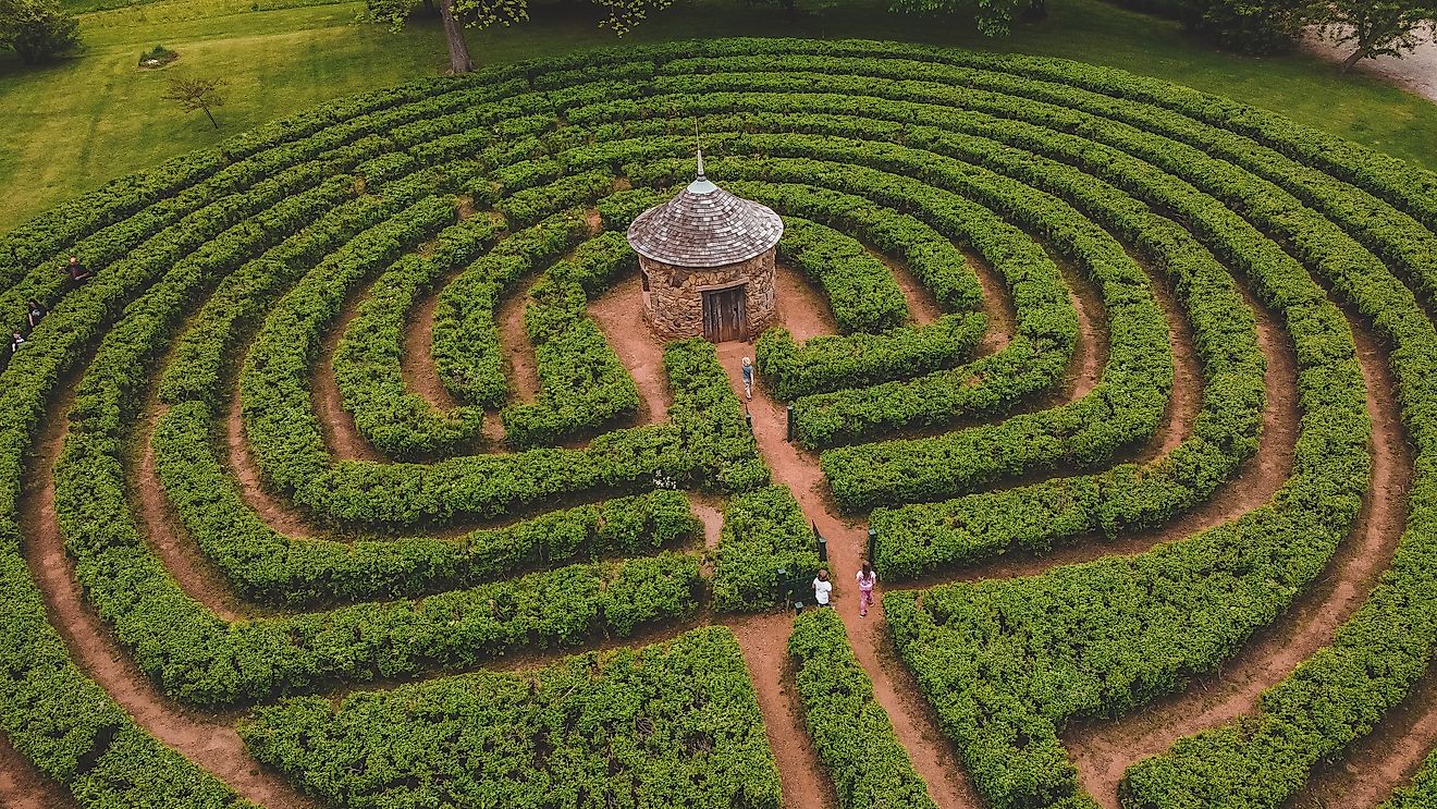 Drone aerial view of the New Harmony Labyrinth in Indiana.