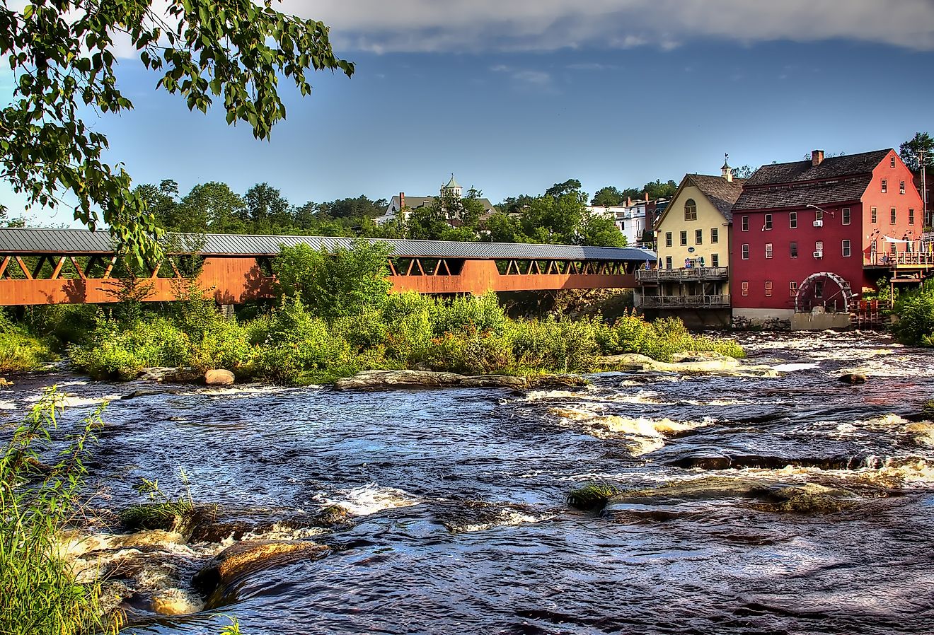 The River Walk Covered Bridge on the Ammonoosuc River in Littleton, New Hampshire.