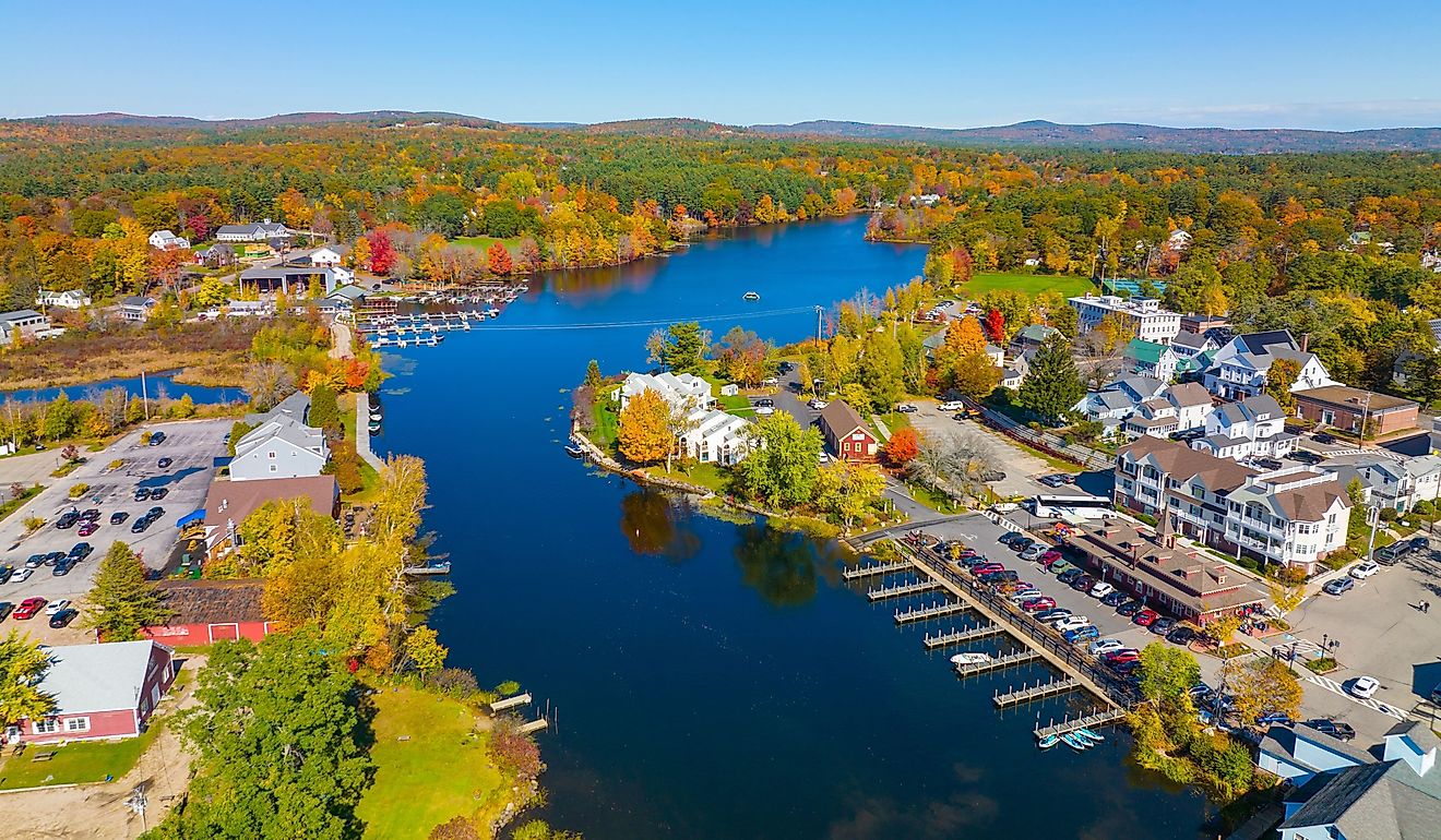 Wolfeboro historic town center at Back Bay at Lake Winnipesaukee aerial view in fall.