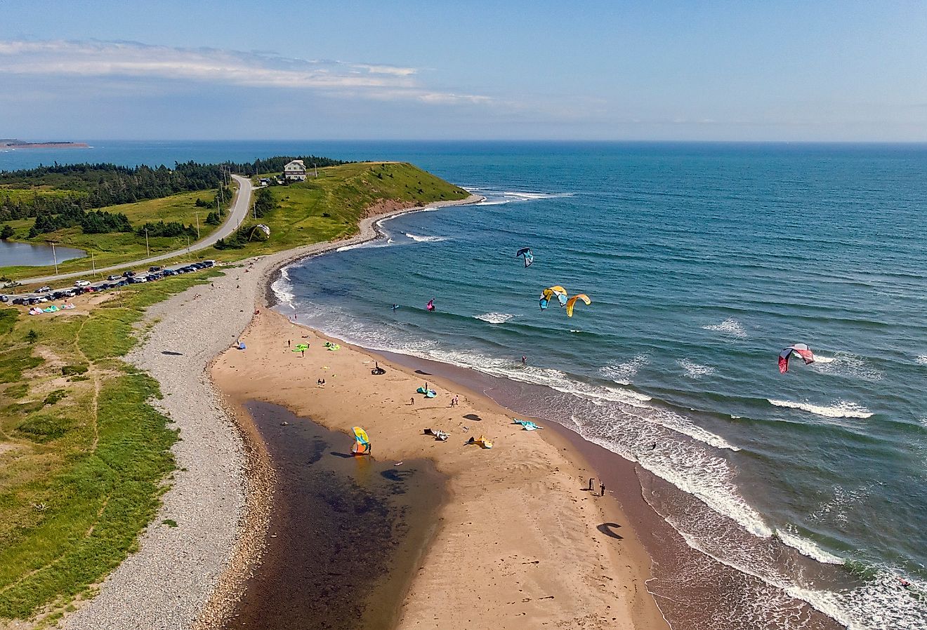 Aerial view of kiteboarders at Lawrencetown Beach, Nova Scotia, Canada.