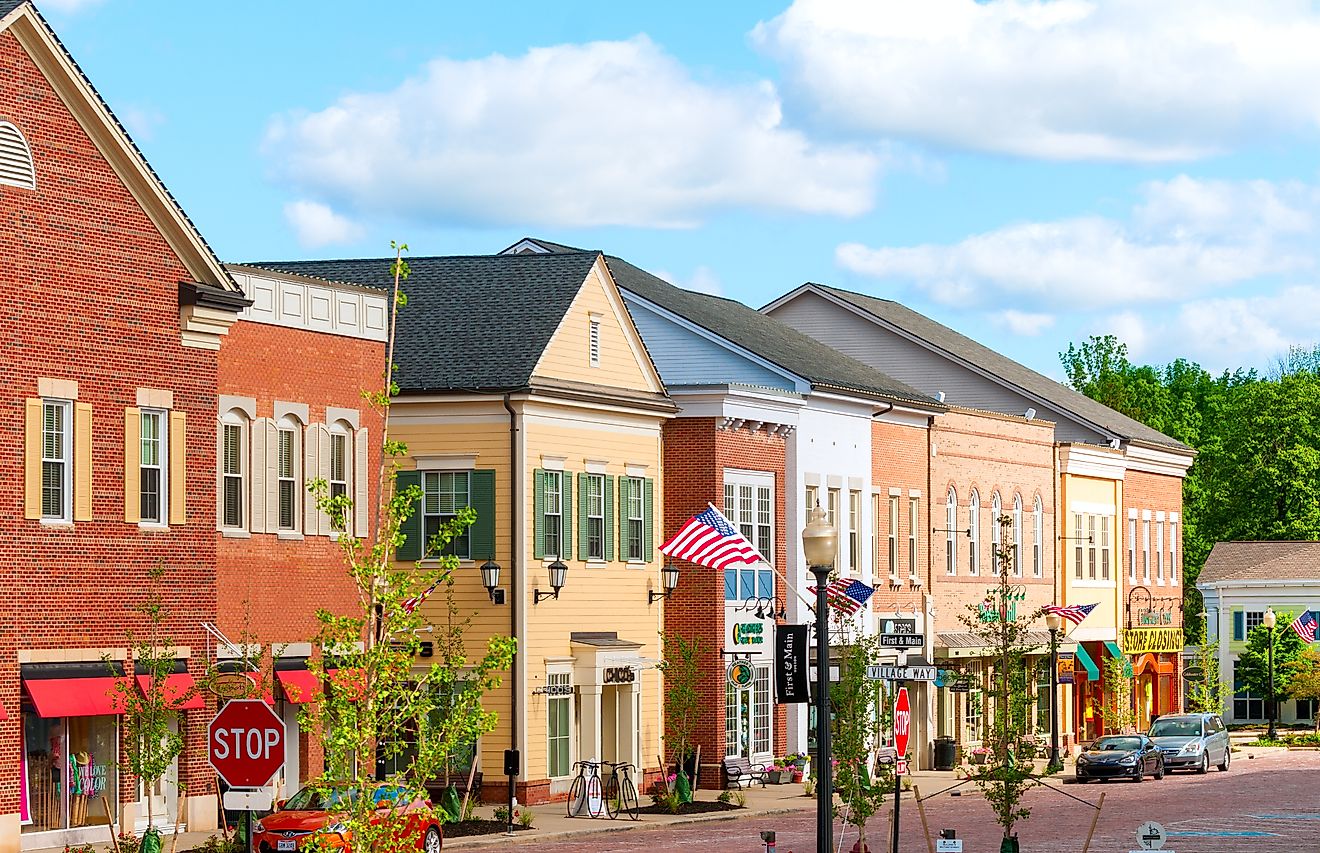 The new retail district in Hudson, Ohio, was given a retro look to match the quaint charm of the village's original Main Street area one block away. Editorial credit: Kenneth Sponsler / Shutterstock.com