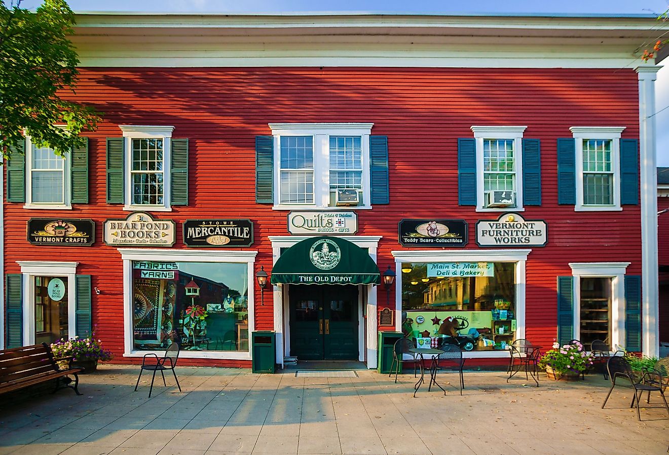Small storefronts and boutiques in Stowe, Vermont. Image credit Don Landwehrle via Shutterstock.