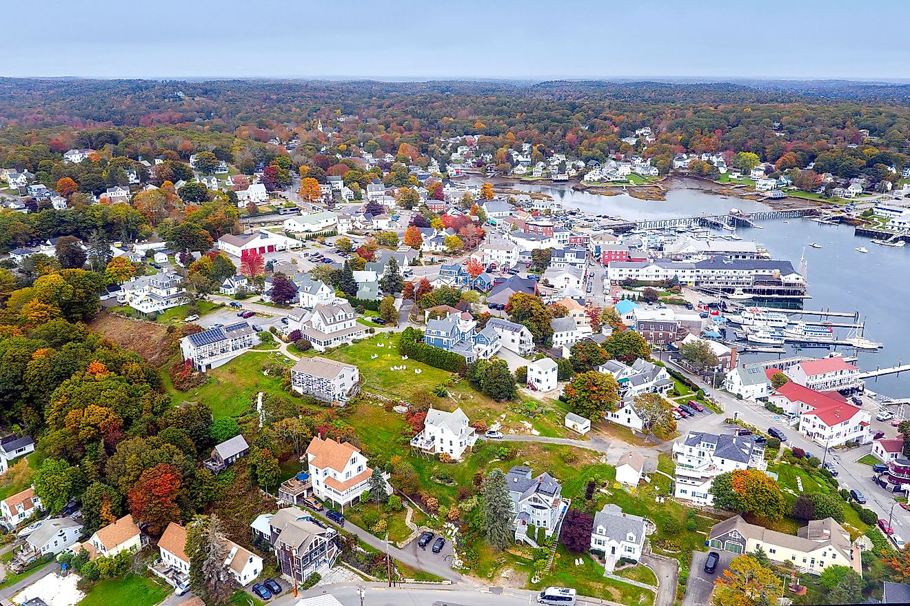 Aerial view of Boothbay Harbor, Maine, during the fall season.
