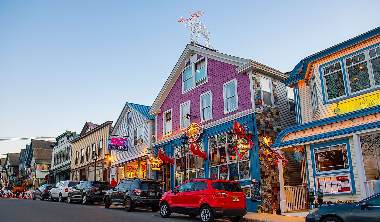  Geddy's Restaurant at sunset at 19 Main Street in historic town center of Bar Harbor, Maine ME, USA. Editorial credit: Wangkun Jia / Shutterstock.com