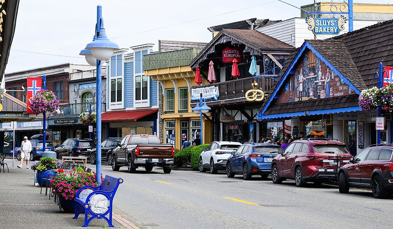 Downtown Poulsbo Washington Front Street in summer. Editorial credit: Ian Dewar Photography / Shutterstock.com