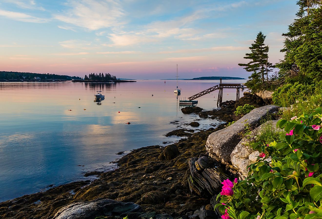 Boothbay Harbor Marina, Maine, at sunrise in the summer.