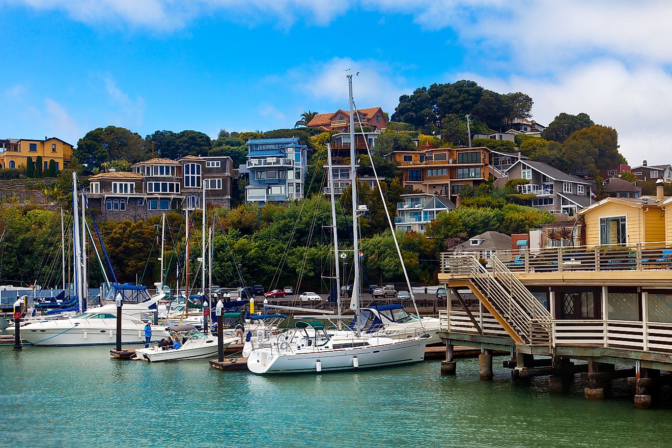 Yacht harbor and waterfront in Tiburon, CA. 