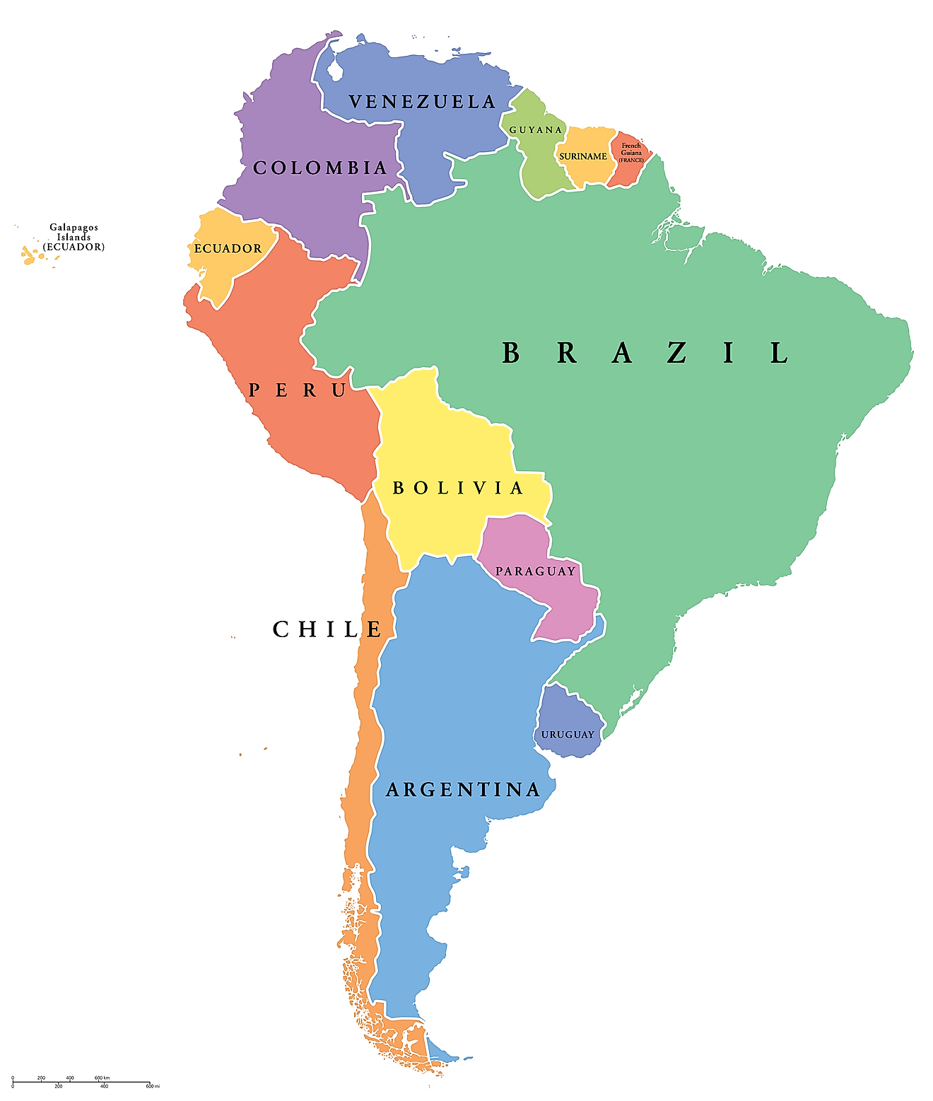 A political map displaying South American countries