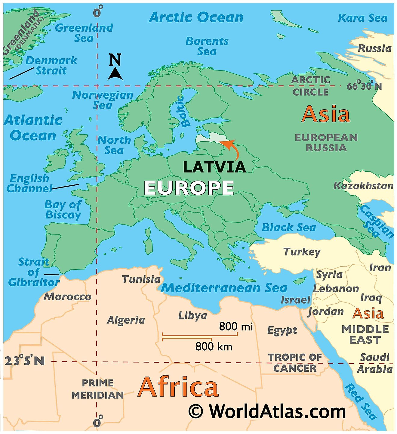 Map showing location of Latvia in the world.
