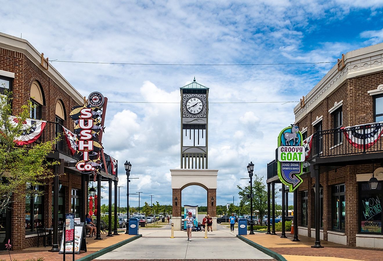 Tourist plaza with a clock tower, Foley, Alabama. Image credit BobNoah via Shutterstock