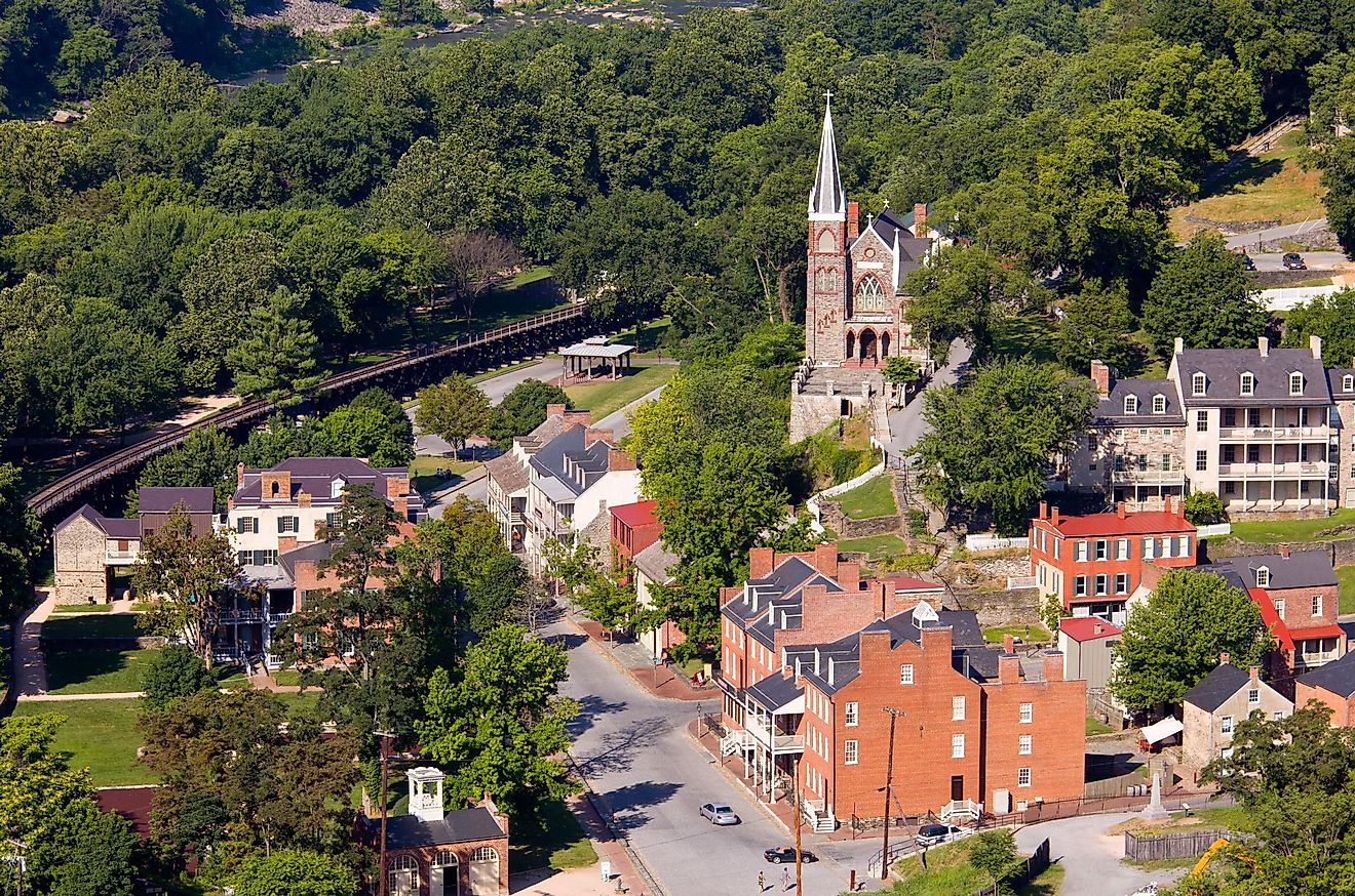 Aerial view over the National Park town of Harpers Ferry in West Virginia with the church and old buildings in the city