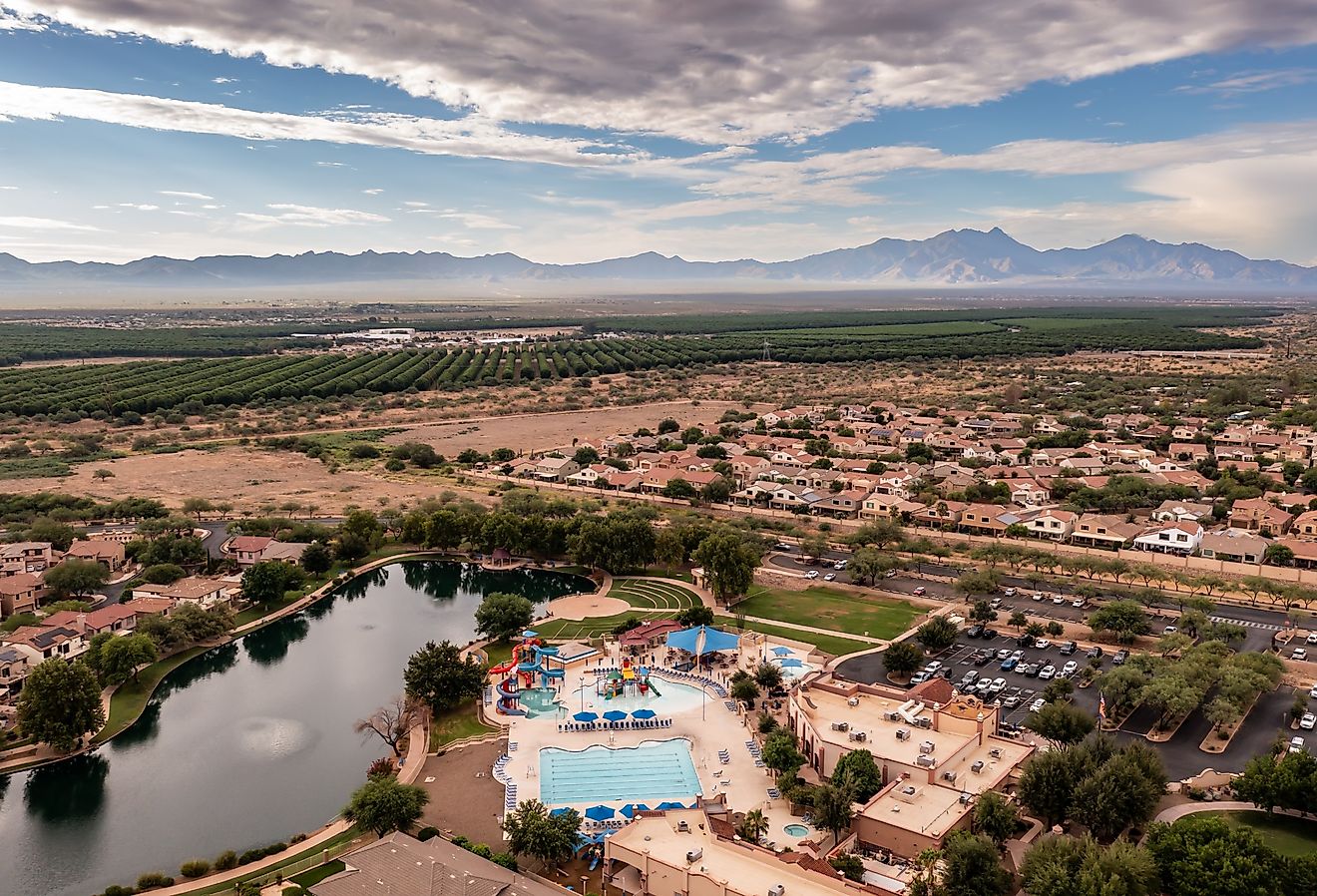 Sahuarita Lake in Arizona near Tucson residential neighborhood suburbs.