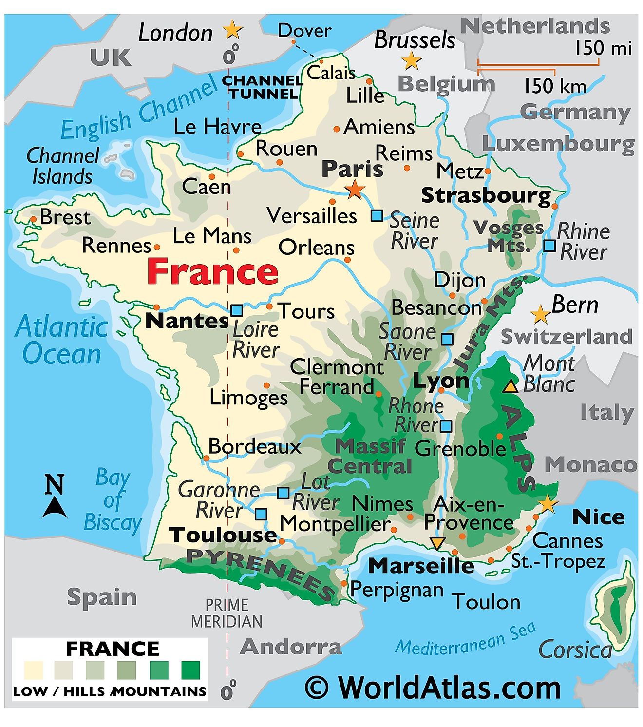 Mapa físico de Francia que muestra el terreno, las cadenas montañosas, el Mont Blanc, los principales ríos, las ciudades importantes, las fronteras internacionales, etc.