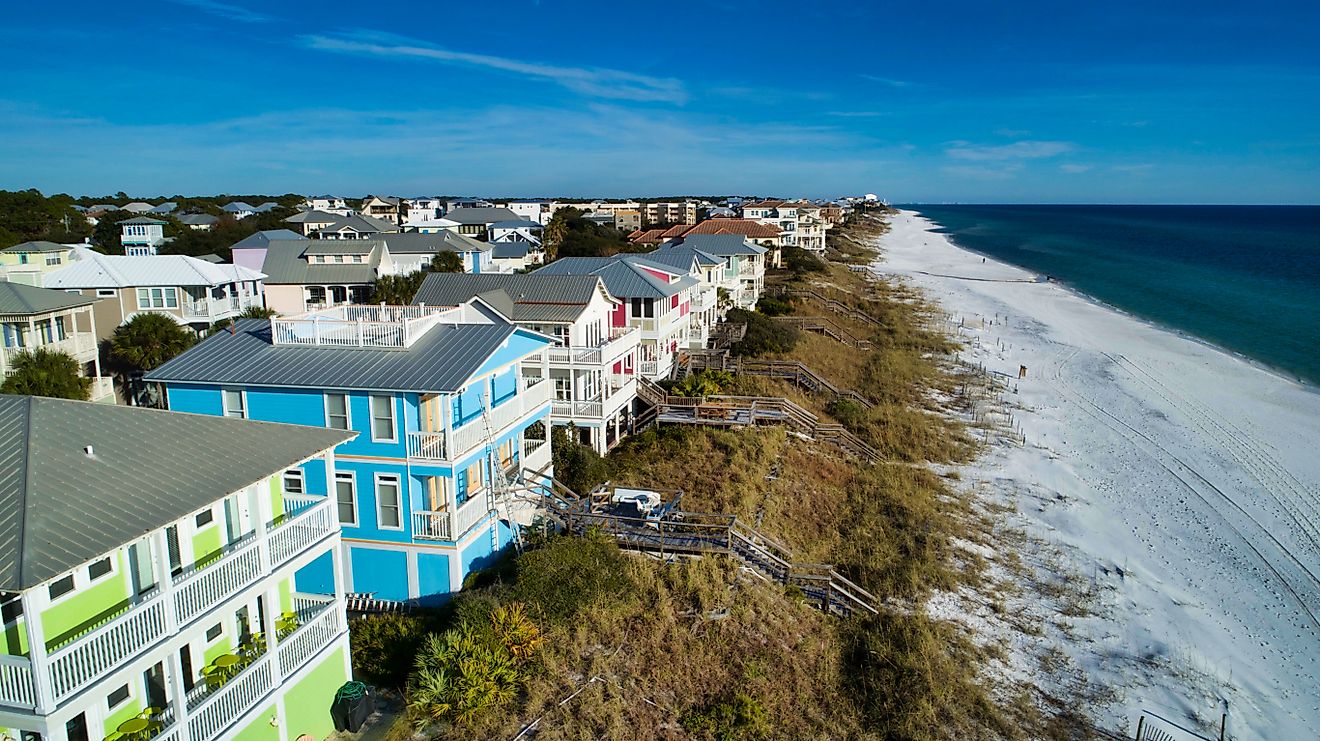 Vibrant Houses along the World-Famous Beaches of the Emerald Coast. Image Credit Rotorhead 30A Productions via Shutterstock.