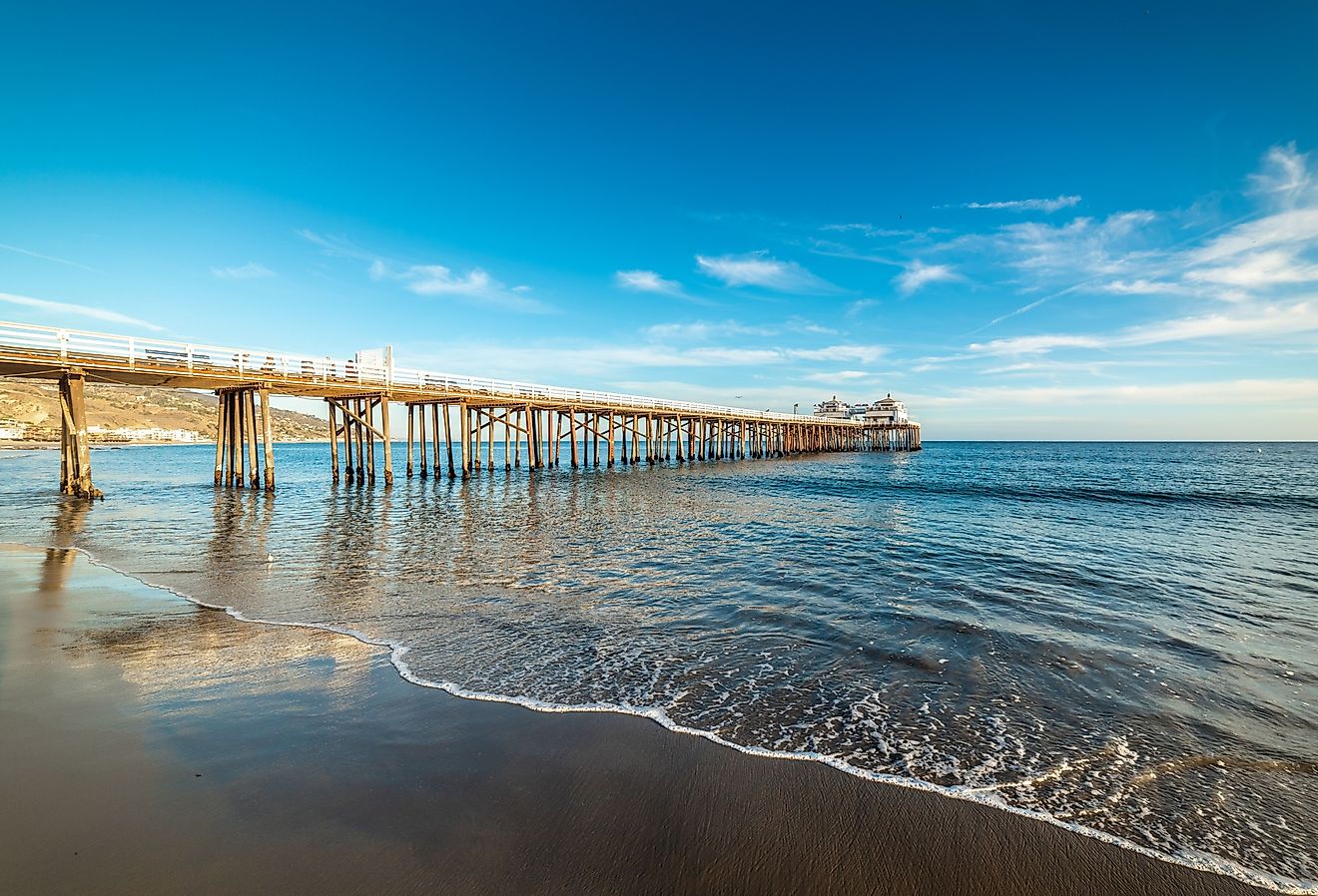 Malibu pier under a blue sky at sunset. California, USA