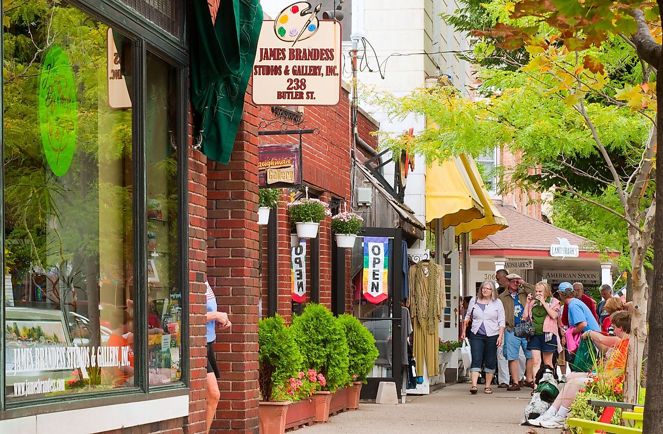 Shops and galleries line Butler Street in Saugatuck, Michigan. Image credit Kenneth Sponsler via Shutterstock.com