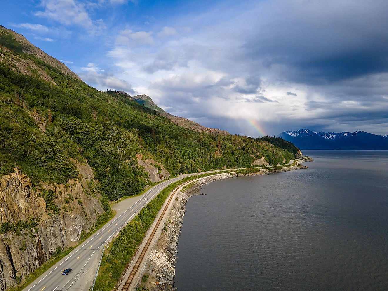 Aerial view of Turnagain Highway near Anchorage, Alaska, overlooking Turnagain Arm Bay.