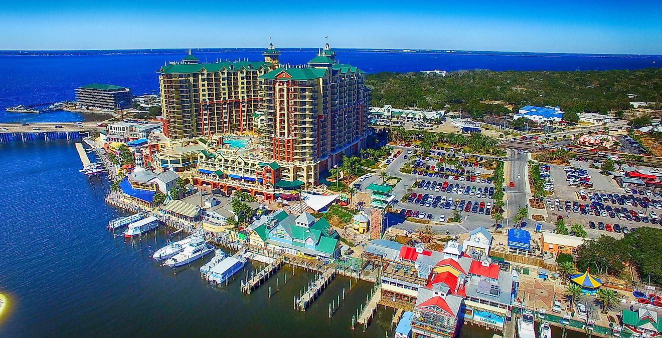 Aerial view of the city skyline in Destin, Florida.