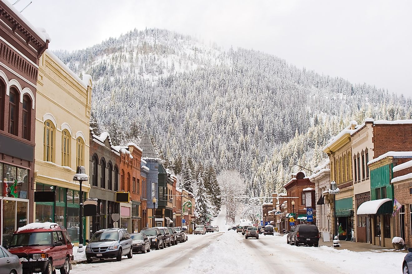 Winter view of downtown Wallace and mountains in Idaho. 