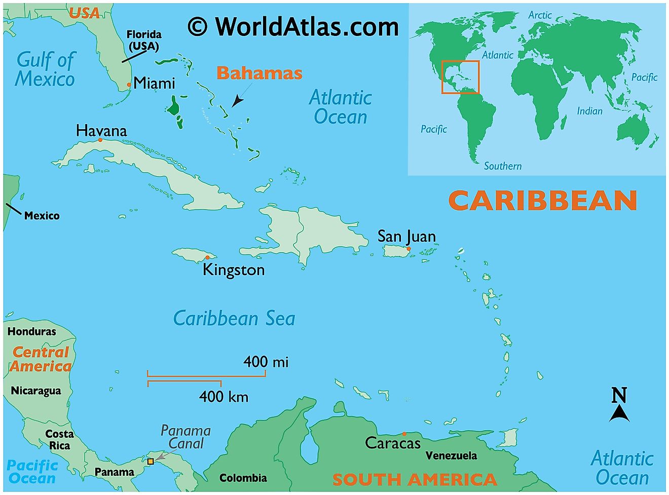 Mapa que muestra la ubicación de las Bahamas en el mundo.