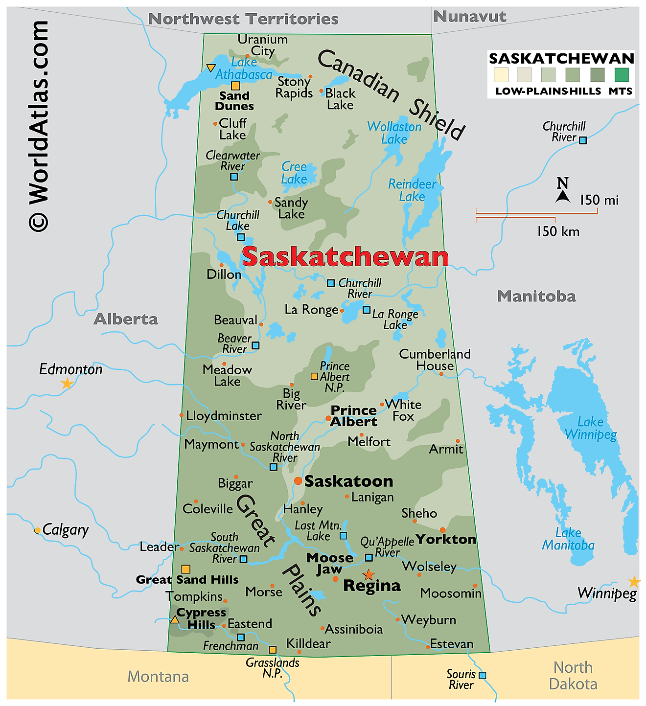 Physical Map of Saskatchewan. It shows the physical features of Saskatchewan, including mountain ranges, important rivers, and major lakes.  
