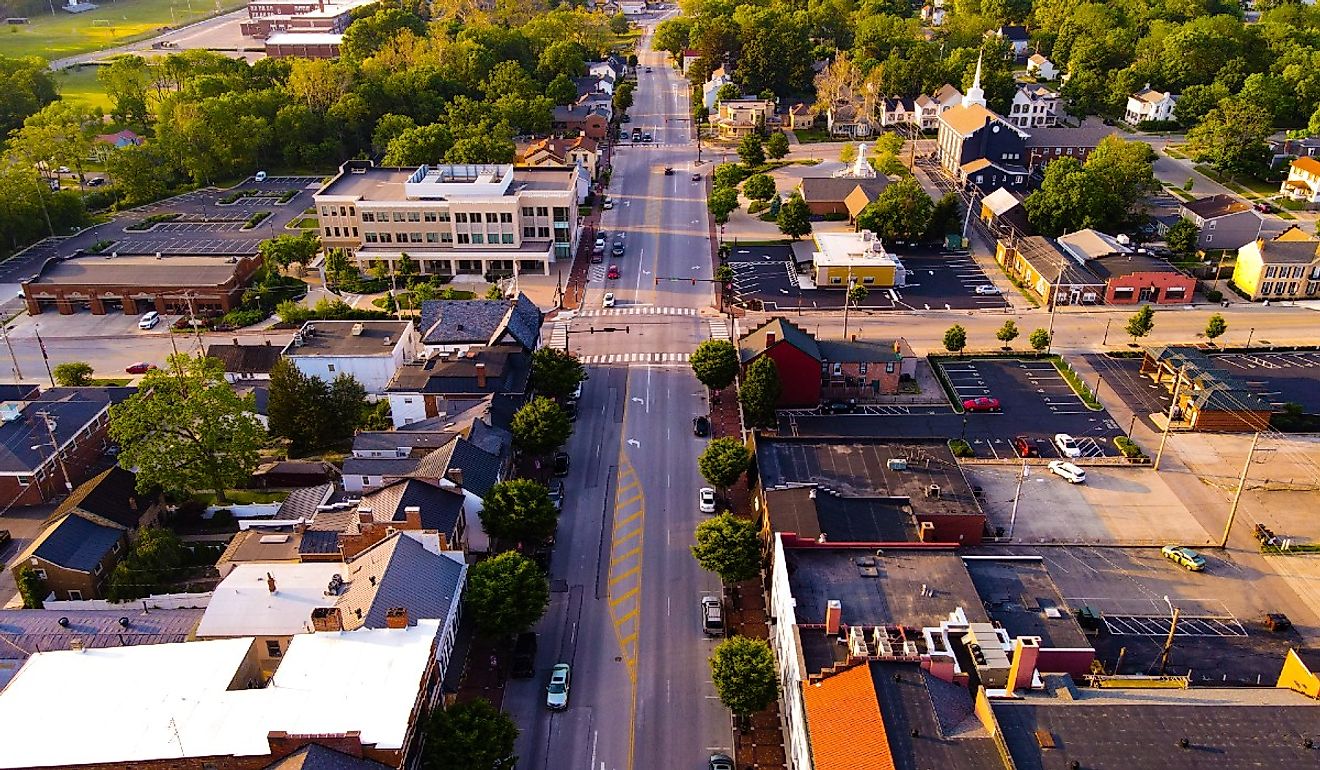 Aerial street view of Lebanon, Ohio.