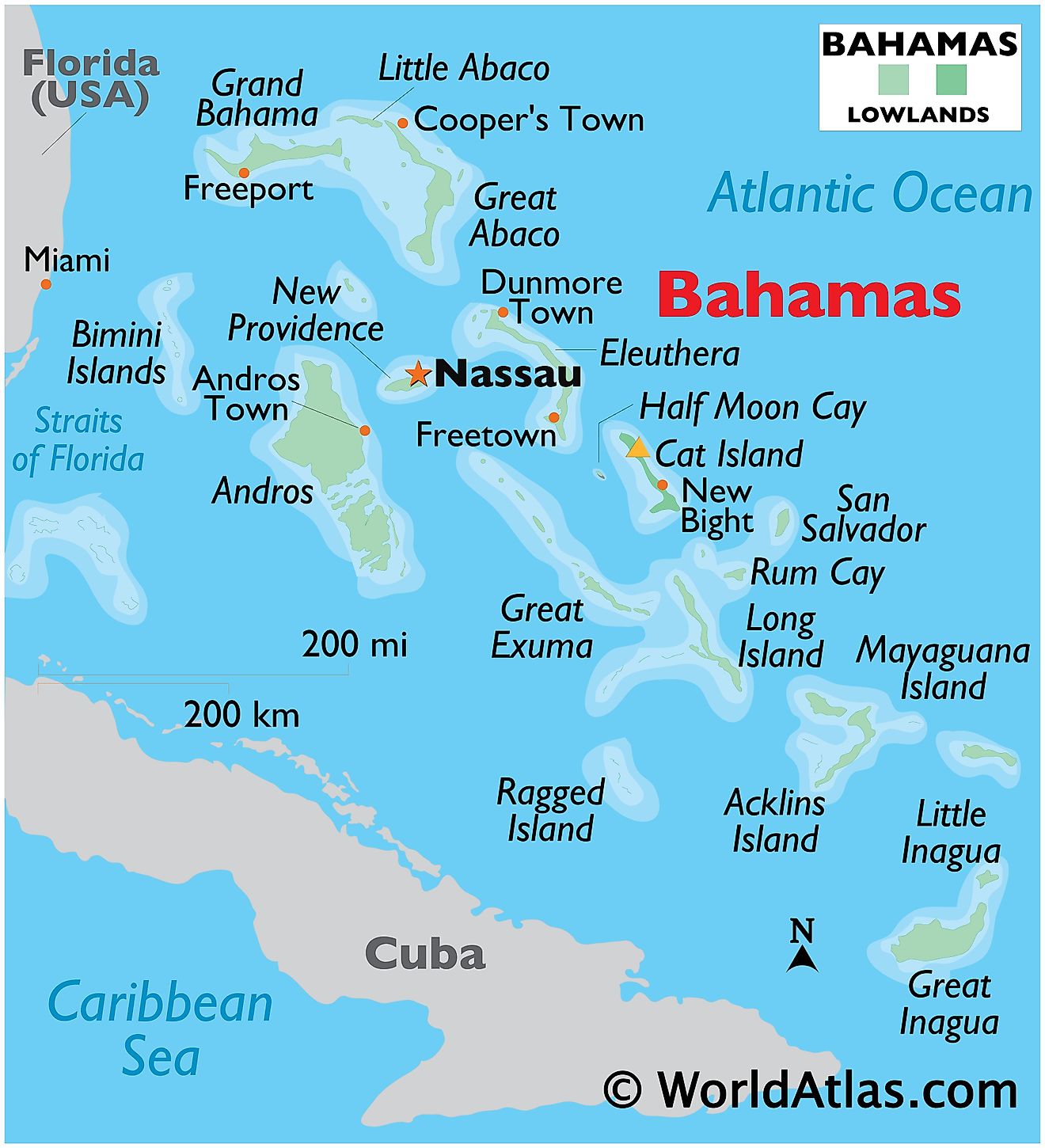 Mapa físico de las Bahamas que muestra islas, asentamientos importantes, fuentes de agua circundantes y más.