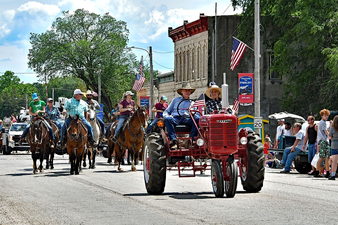 The annual Flint Hills Rodeo Parade in Strong City, Kansas. Editorial credit: mark reinstein / Shutterstock.com