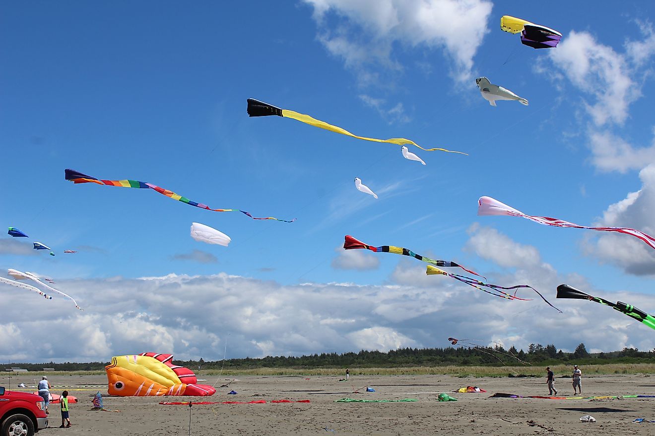 People celebrating the International Kite Festival in Westport, Washington. Editorial credit: FOOD PHOTO STOCK / Shutterstock.com