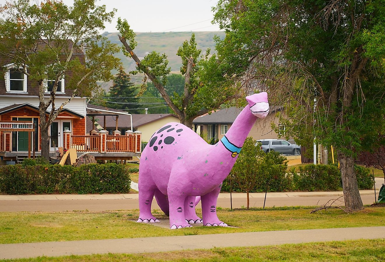 Fiberglass sculpture of a pink diplodocus in Drumheller, Alberta, Canada. Image credit Alexandre.ROSA via Shutterstock