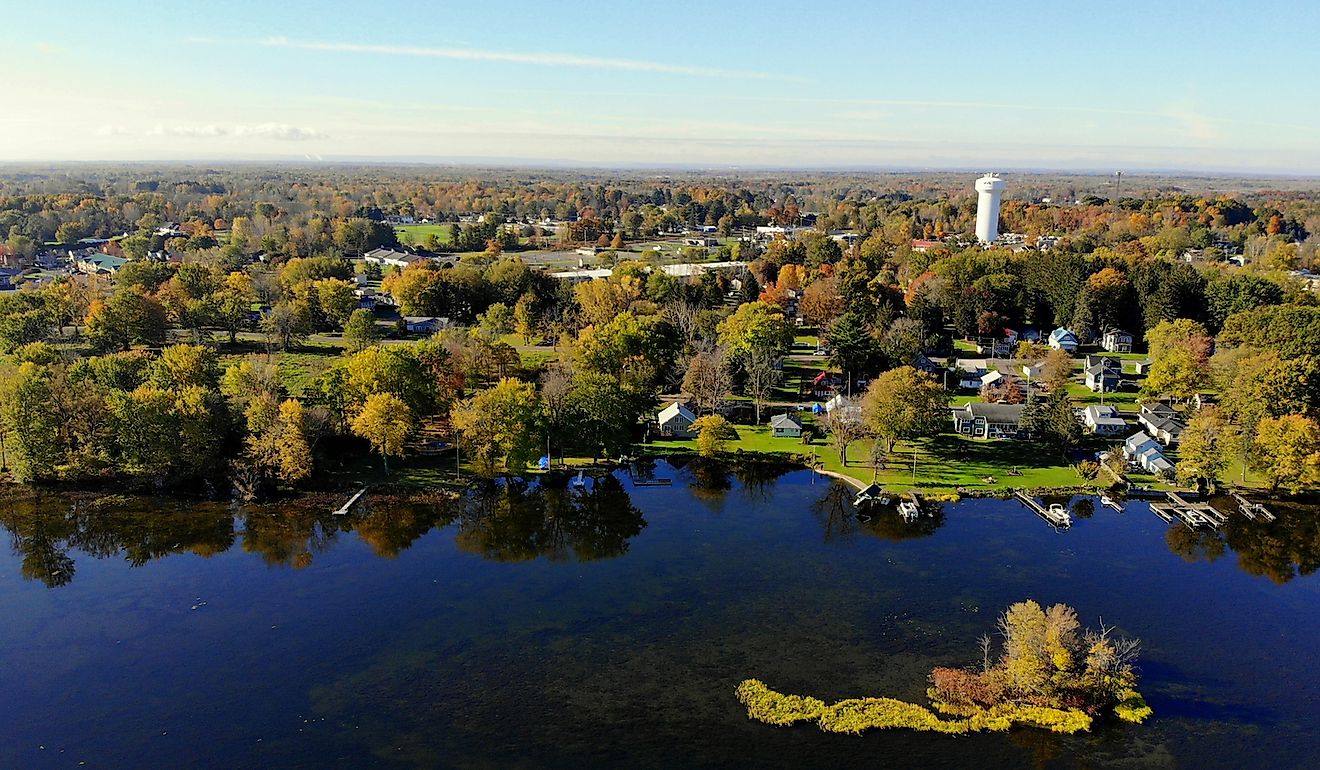 The aerial view of the waterfront residential area of Syracuse by Oneida Lake.