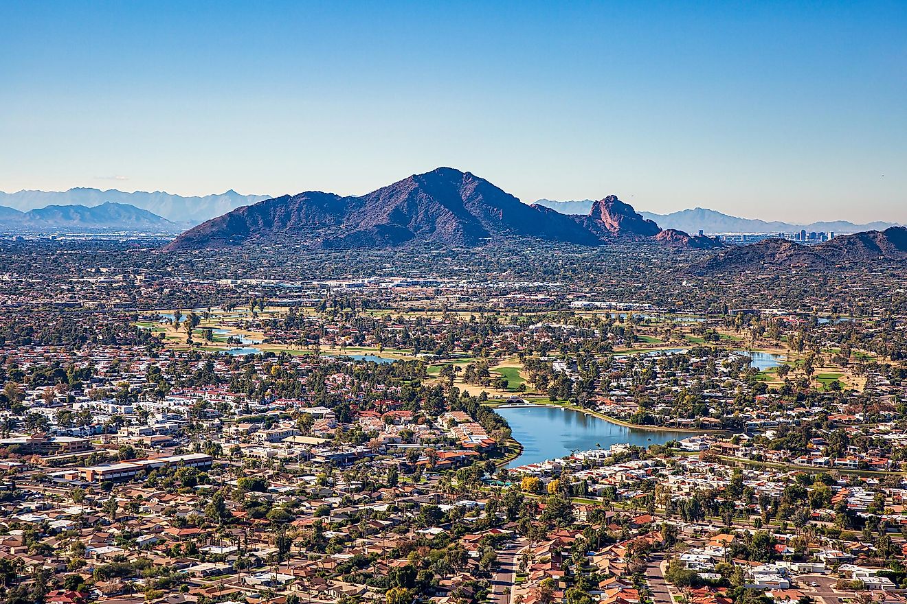 Above Scottsdale, Arizona looking SW towards Camelback Mountain and downtown Phoenix