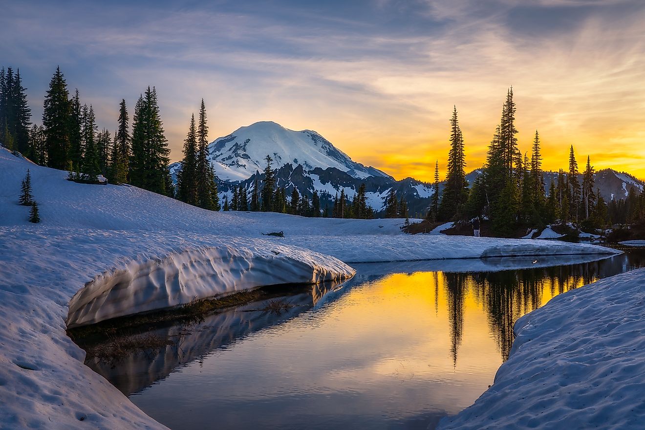 View of Mount Rainier and Tipsoo Lake during the winter.