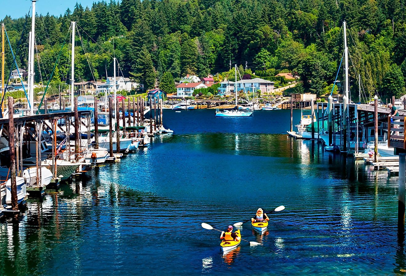 White sailboats and kayaks in the Marina, Gig Harbor, Washington.