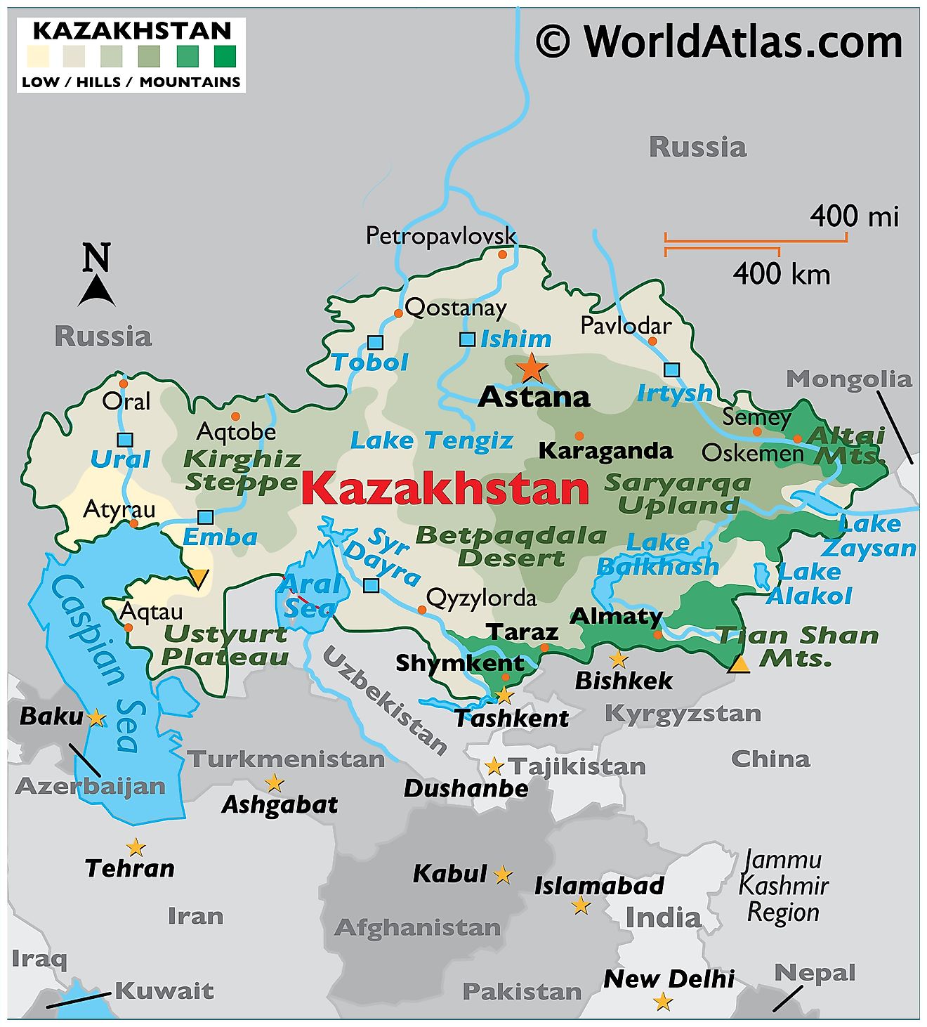 Physical Map of Kazakhstan showing relief, mountains, highest point and lowest points, major lakes, rivers, important urban centres, etc.