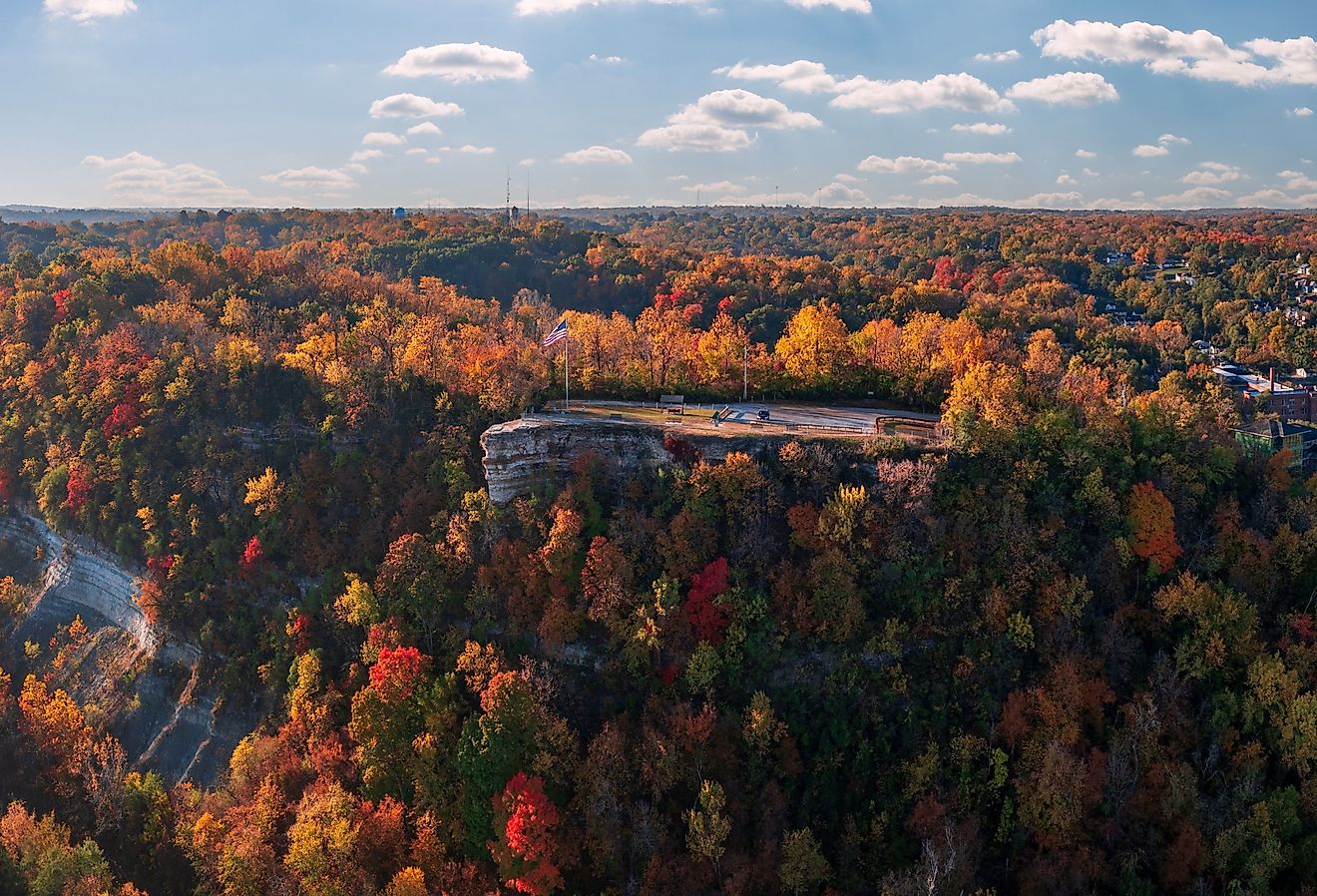 Aerial view of the Lovers Leap overlook in Hannibal, Missouri with brilliant fall colors on the trees around the town