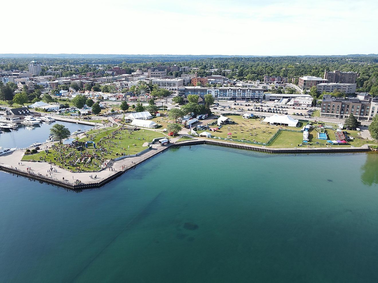 Traverse City Michigan and the shoreline of Grand Traverse Bay were captured from the air on an early July morning