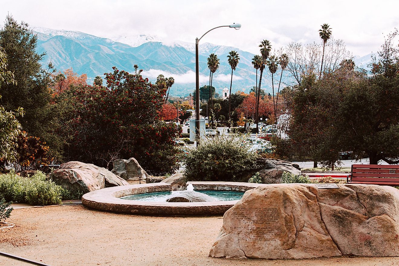 Picturesque, downtown Ojai with the Topatopa Mountains in the background. 