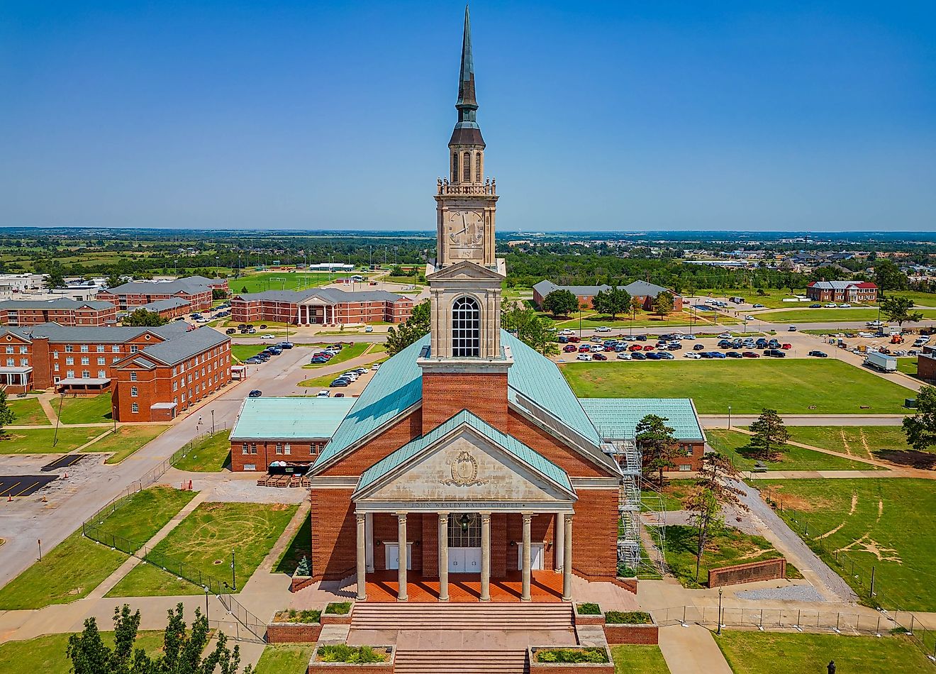 Aerial view of the Raley Chapel of Oklahoma Baptist University in Shawnee, Oklahoma.