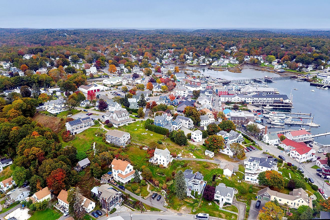 Aerial view of Boothbay Harbor Maine during the fall season.