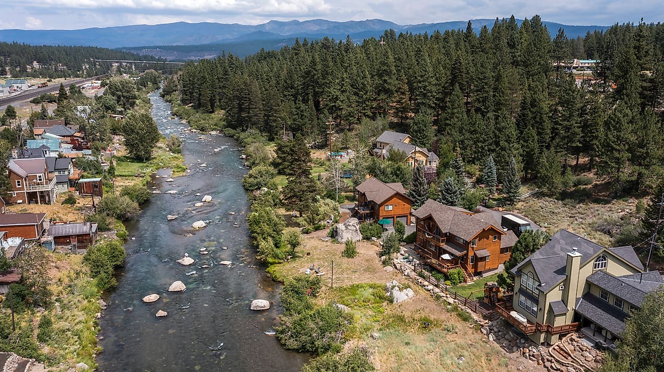 Aerial view of historic homes and thick foliage in Truckee, California.