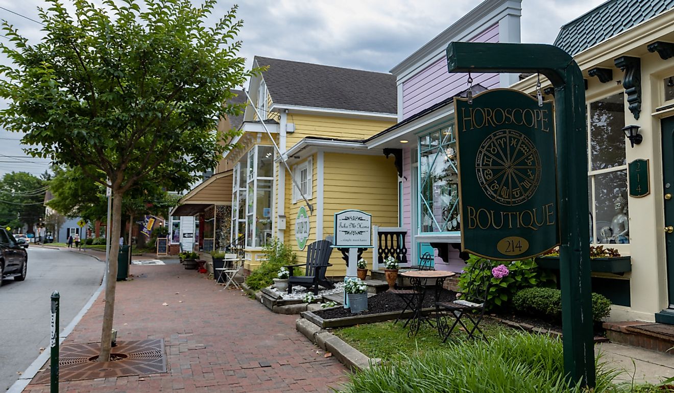 Colorful shops on Talbot Street in Saint Michaels, Maryland. Image credit blubird via Shutterstock