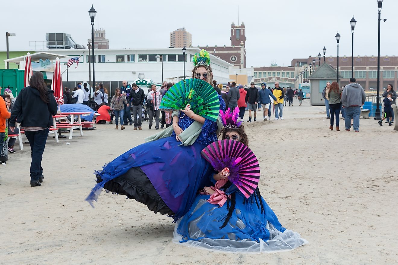 People dressed up as fancy zombies for the Zombie Walk in Asbury Park, New Jersey. Editorial credit: Erin Cadigan / Shutterstock.com